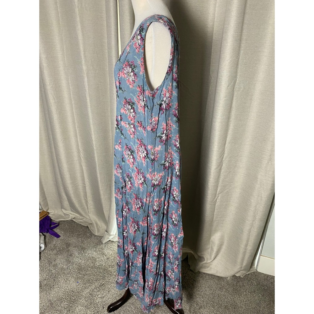 Vintage 90s M.P.H. Floral Maxi Dress Blue Pink Rayon Sleeveless Boho Medium - Picture 4 of 6